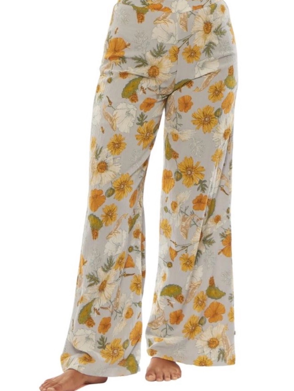 Revolution Floral Wide-Leg Lounge Pants in Light Gray and Mustard Yellow